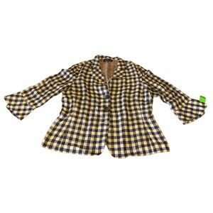 Jones New York Plaid Linen Jacket Size 14 Button-Front 3/4 Ruffle Sleeves Womens